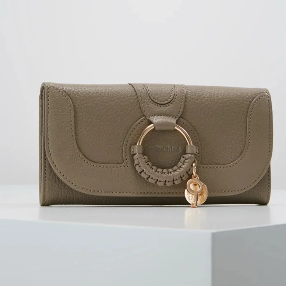 SEE BY CHLOÉ Hanna Continental Taupe Pebbled Leather Braid Gold Charm Wallet NWT
